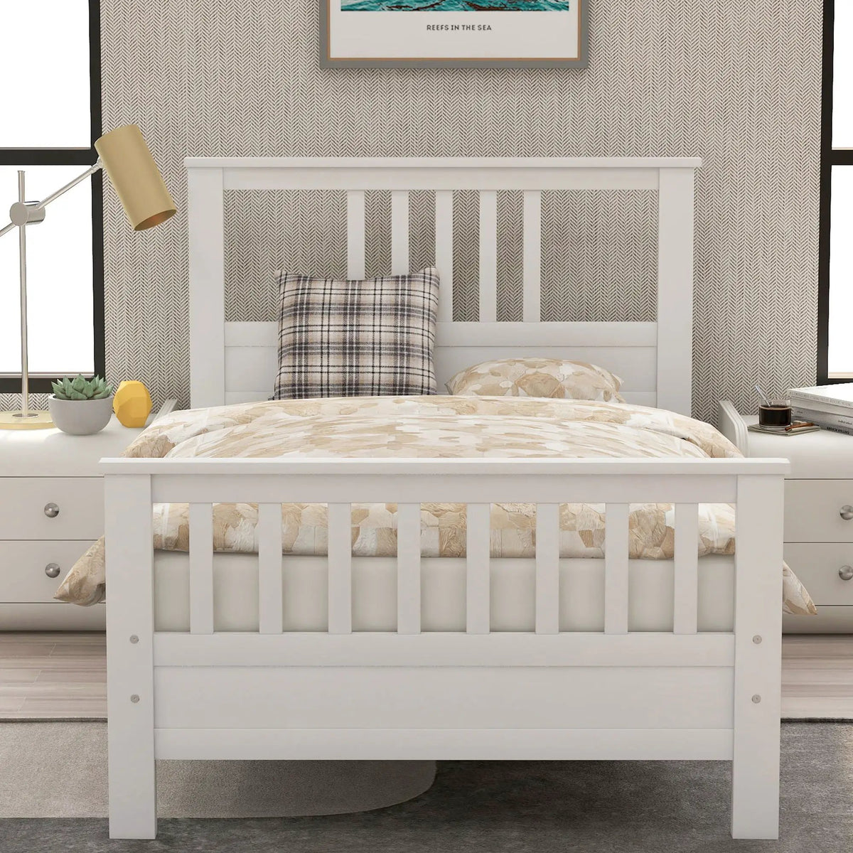 Platform Bed | Solid Pine Frame | Paneled Headboard | Wood Slats