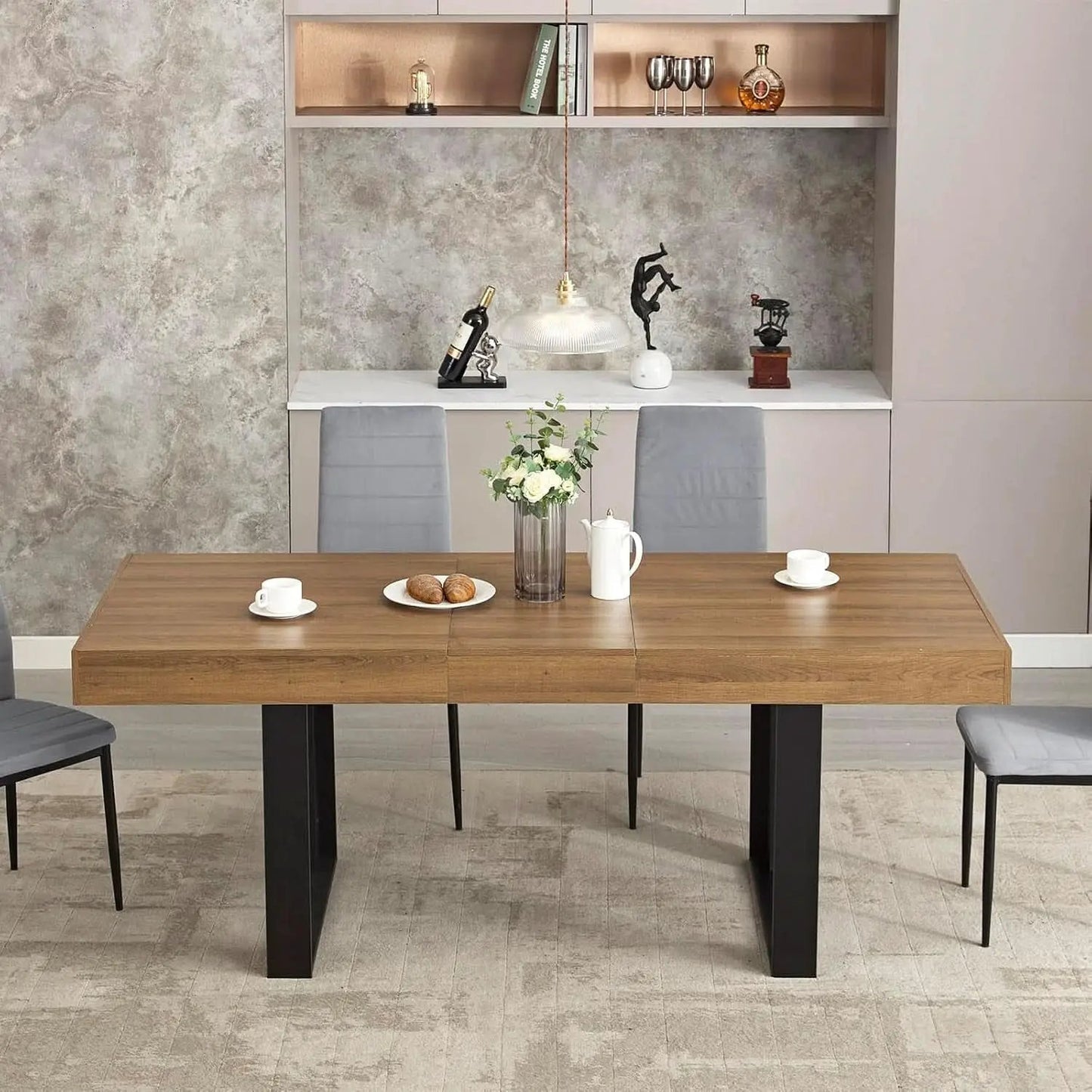 63 Inch Extendable Dining Table Walnut Brown Dining Room from PriceLows™