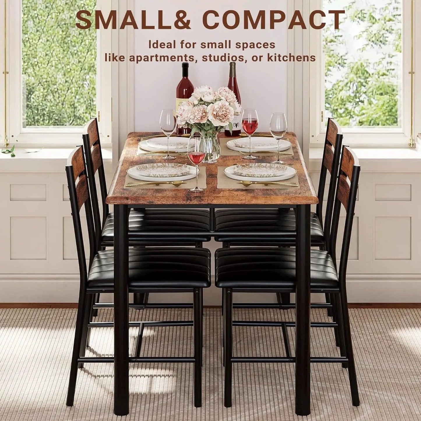 Dining Table Set For 4 Wood Kitchen Table With Upholstered Chairs Rustic Brown from PriceLows™
