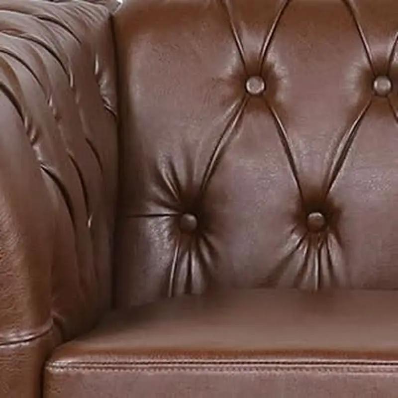3 Piece Chesterfield Leather Sofa Set With Rolled Arms And Nailhead Trim Modern Brown Living Room Set from PriceLows™