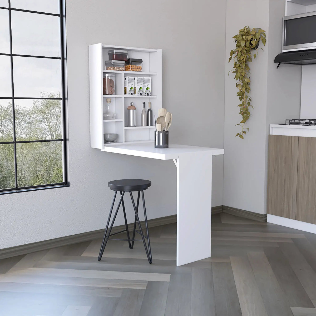 Wall Foldable Table | White | Multiple Shelves | Space-Saving Hutch