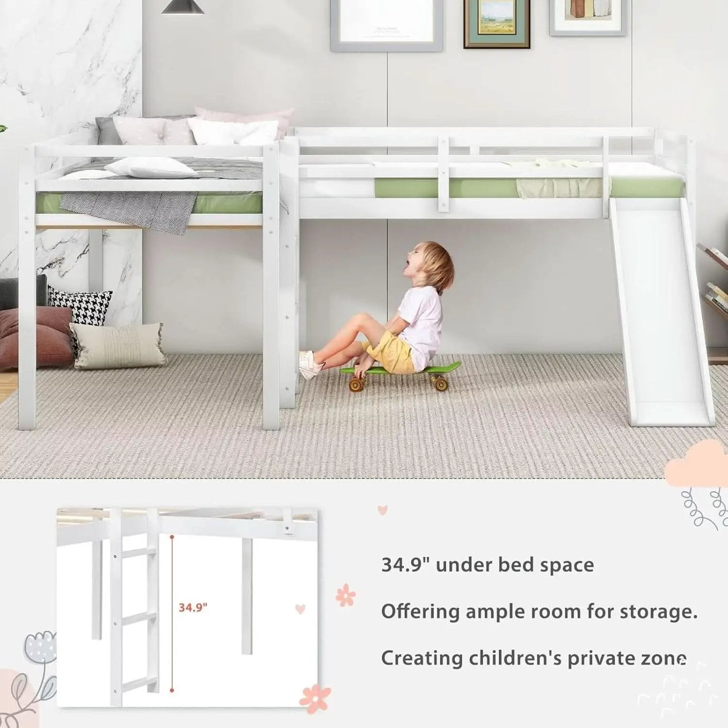 Wooden Twin Loft Bed With Slide And Ladder White For Kids Teens from PriceLows™