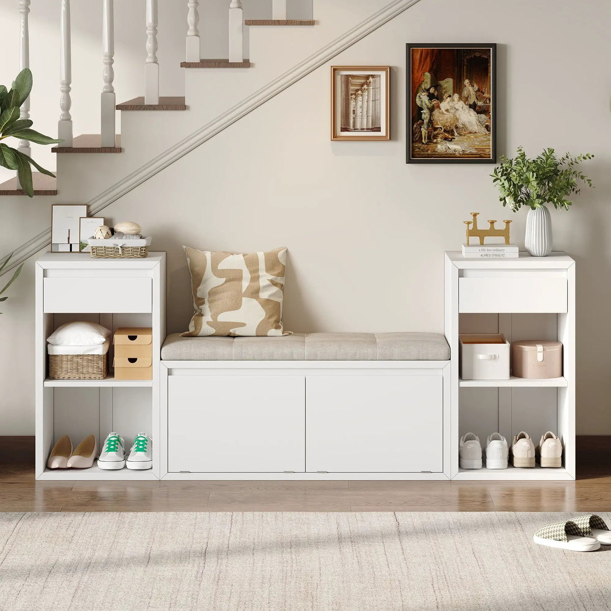 Entryway Storage Bench | Flip Top Compartment | Pine Wood Frame