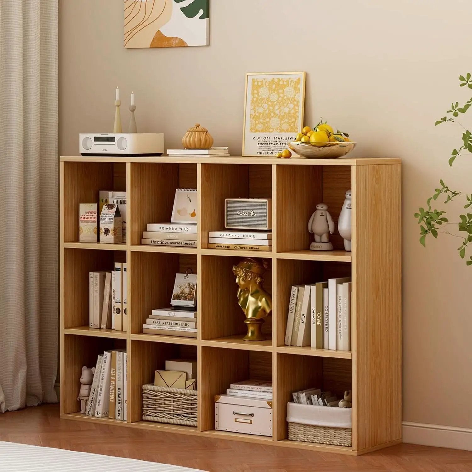 Oak 12-Cube Storage Shelf Bookcase 3-Tier Floor Standing from PriceLows™