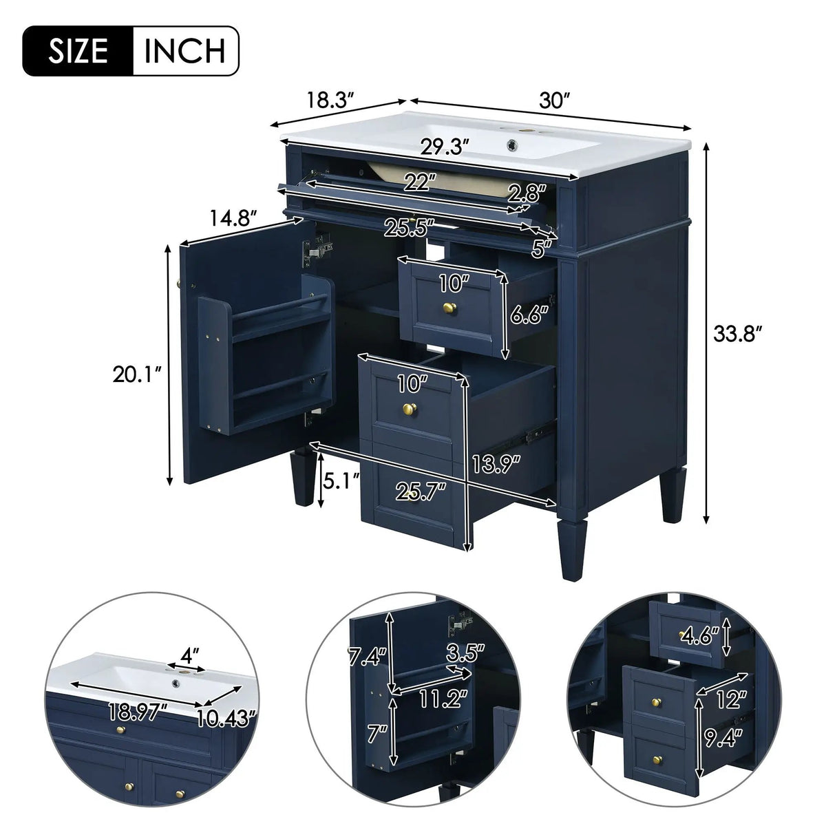 30 Inch Bathroom Vanity With Top Sink | 2 Drawers | Tip-Out Drawer | Vintage-Inspired Handles