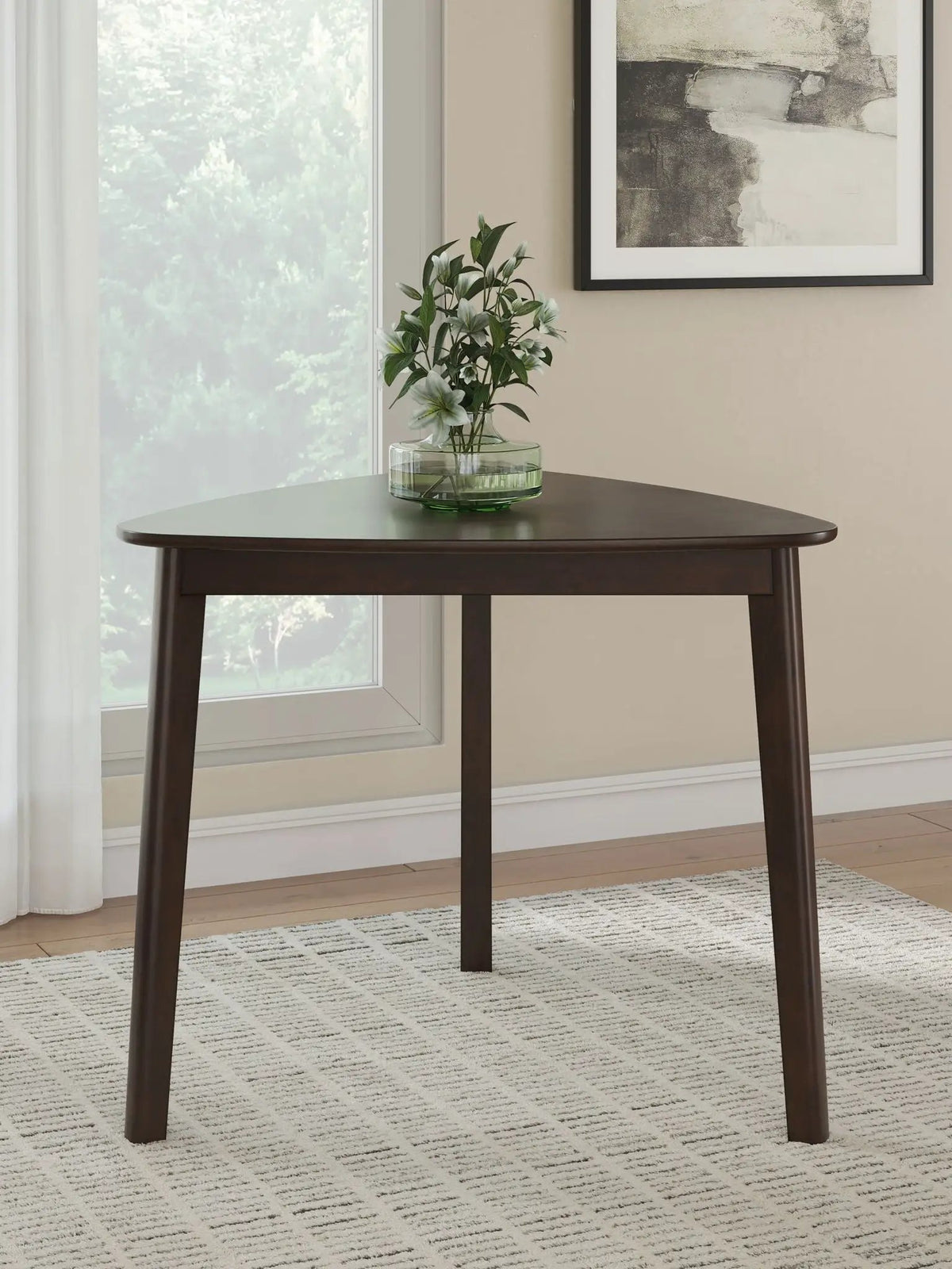 Shorbyn Triangle Dining Table | Merlot Finish | Hardwood Solids | Compact 35 Inch Size