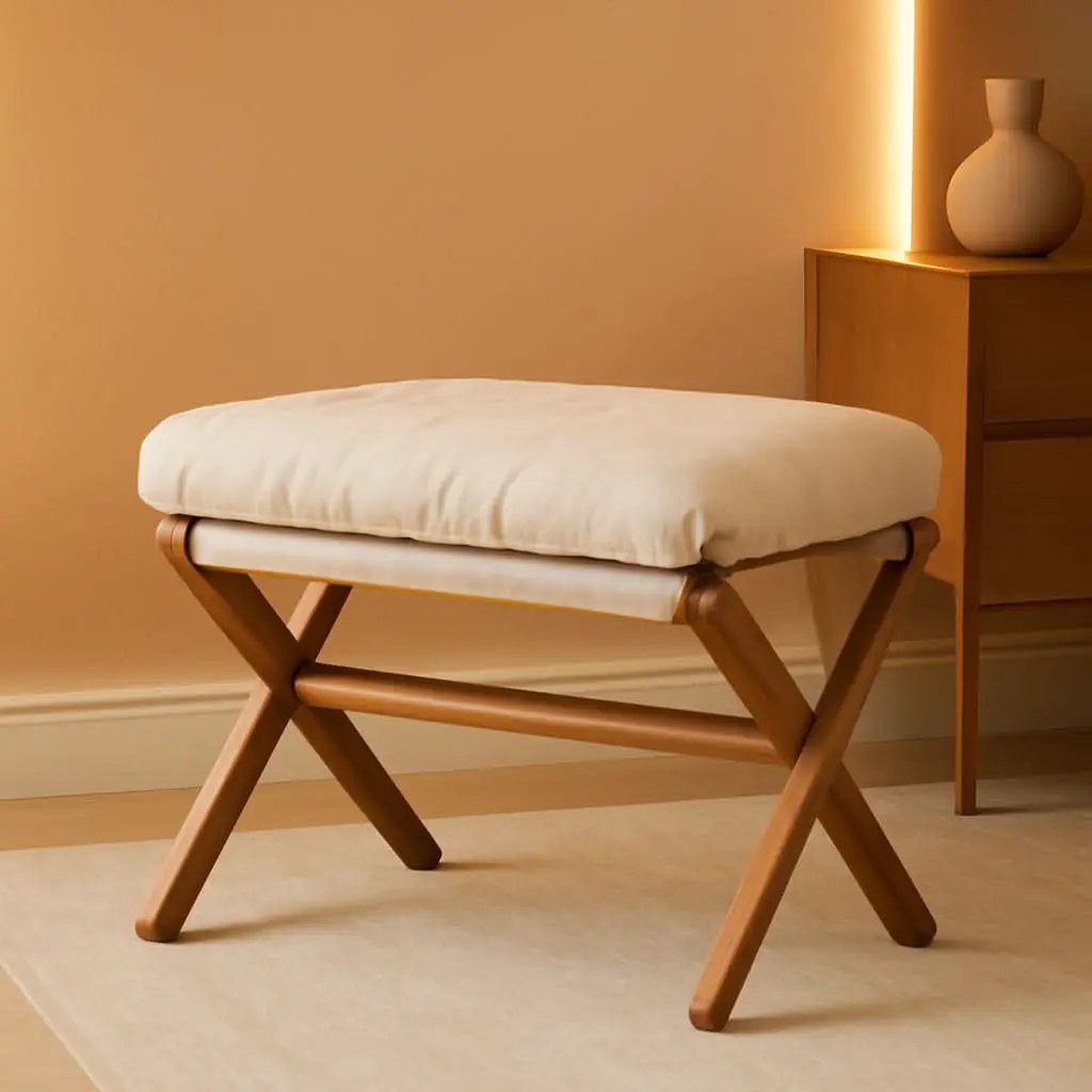 Bamboo Foldable Ottoman Foot Rest Beige Upholstered from PriceLows™