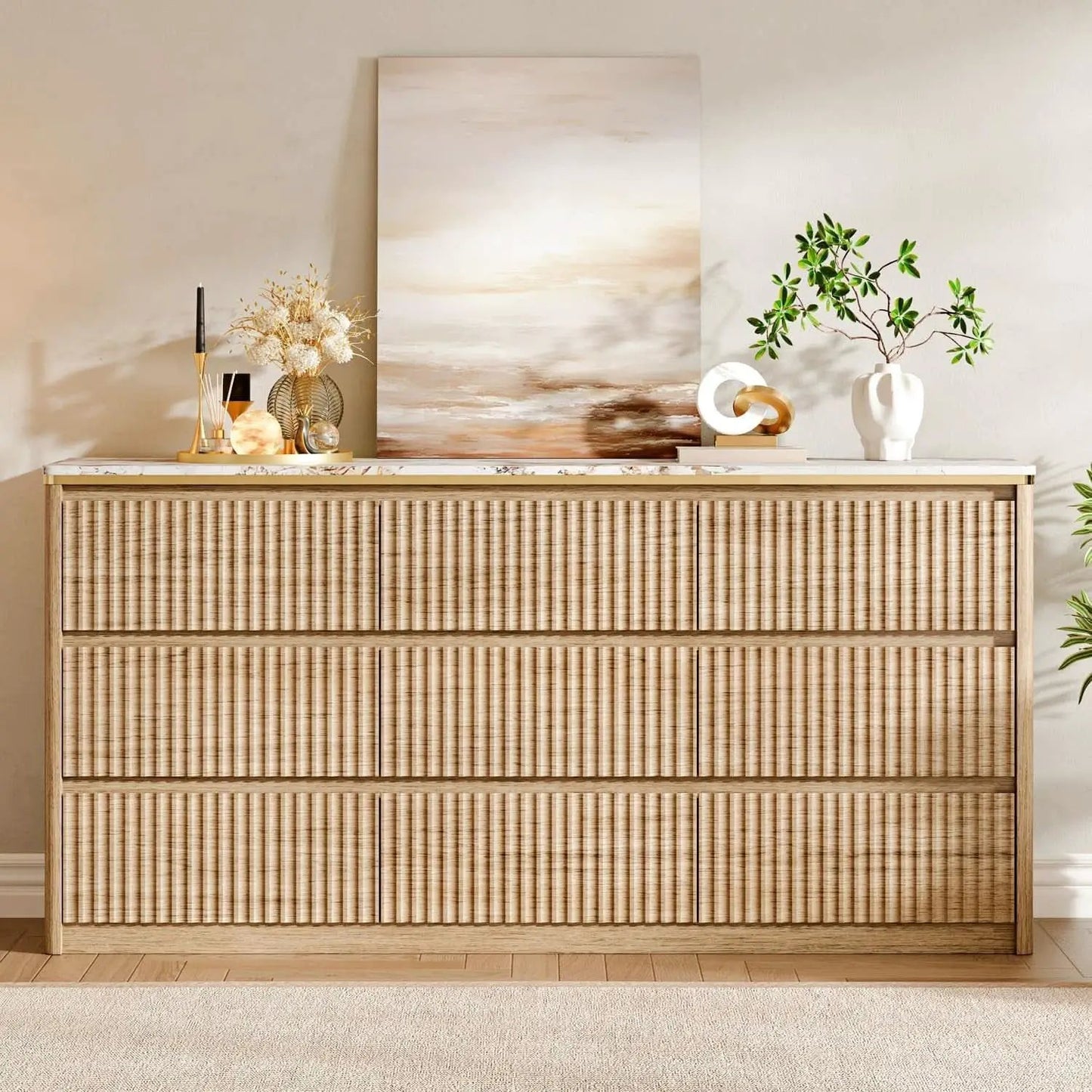 9 Drawer Dresser Chest With PolishedMarbleTabletop from PriceLows™