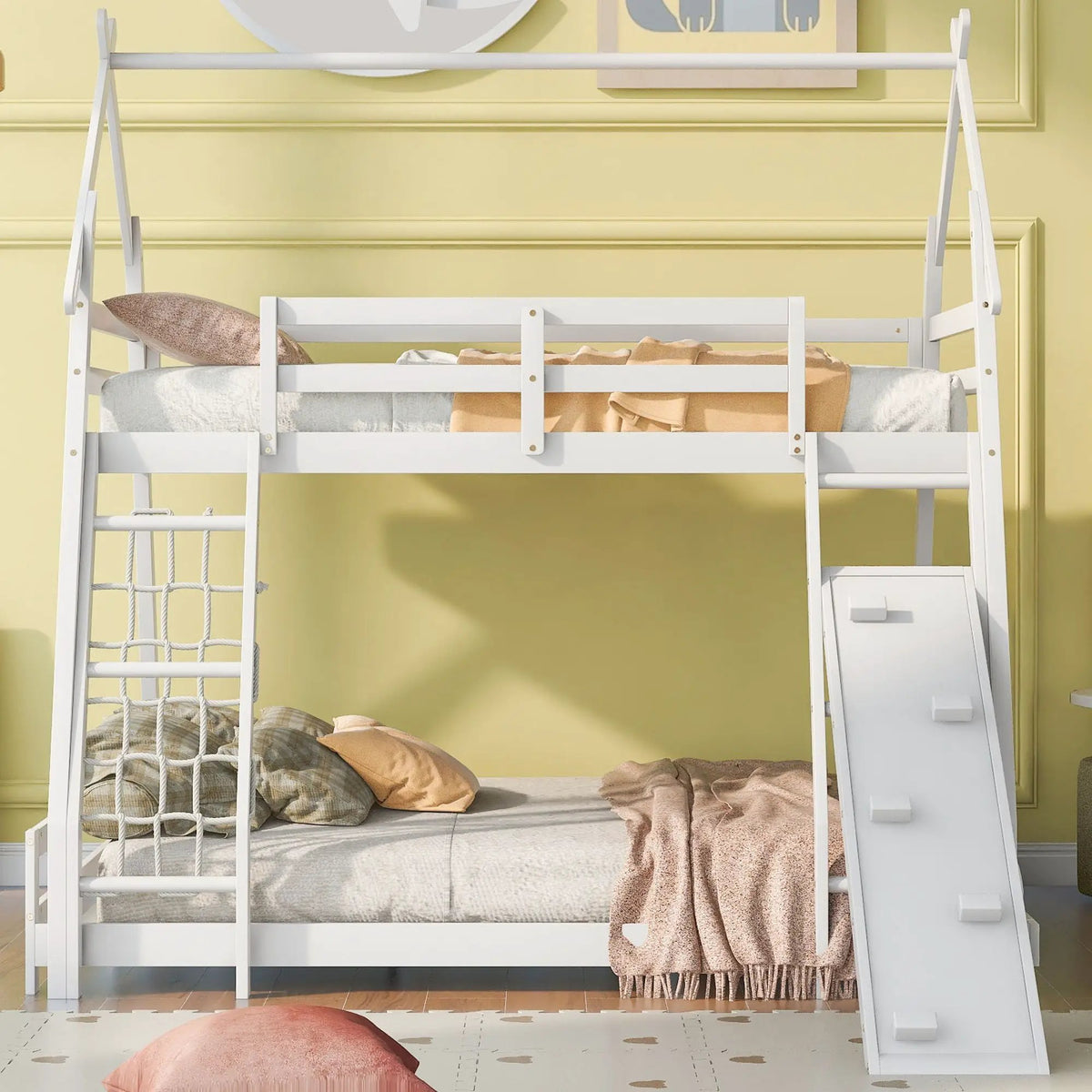 House Bunk Bed | Twin Over Queen | Solid Pine | Climbing Net And Ramp
