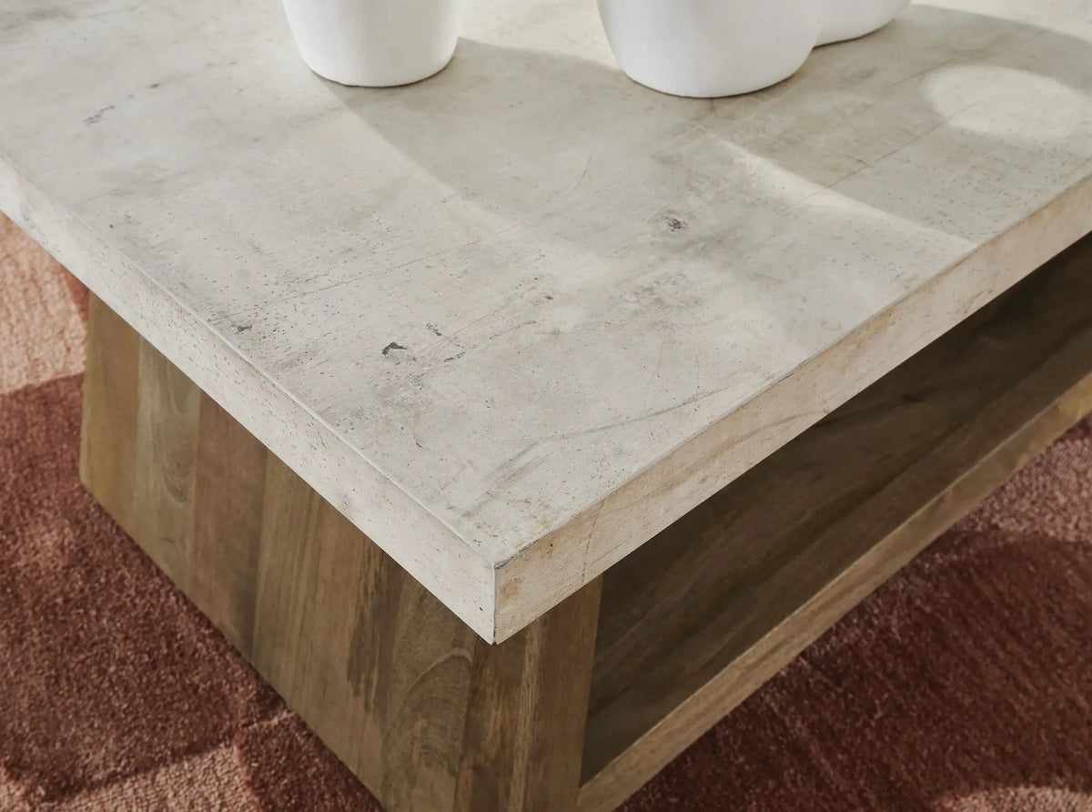 Brendalhouse Rectangular Cocktail Table | Faux Cement Tabletop | Double Plinth Base | Casual Contemporary