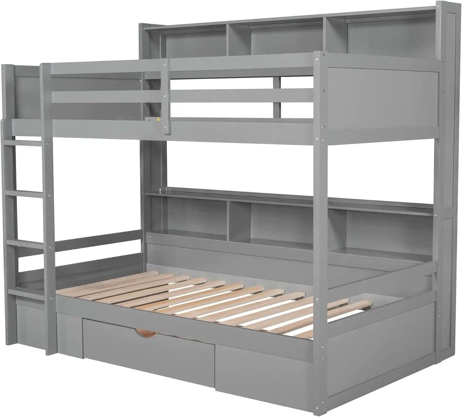 Twin Over Twin Bunk Bed Gray Storage Drawer And Shelves from PriceLows™