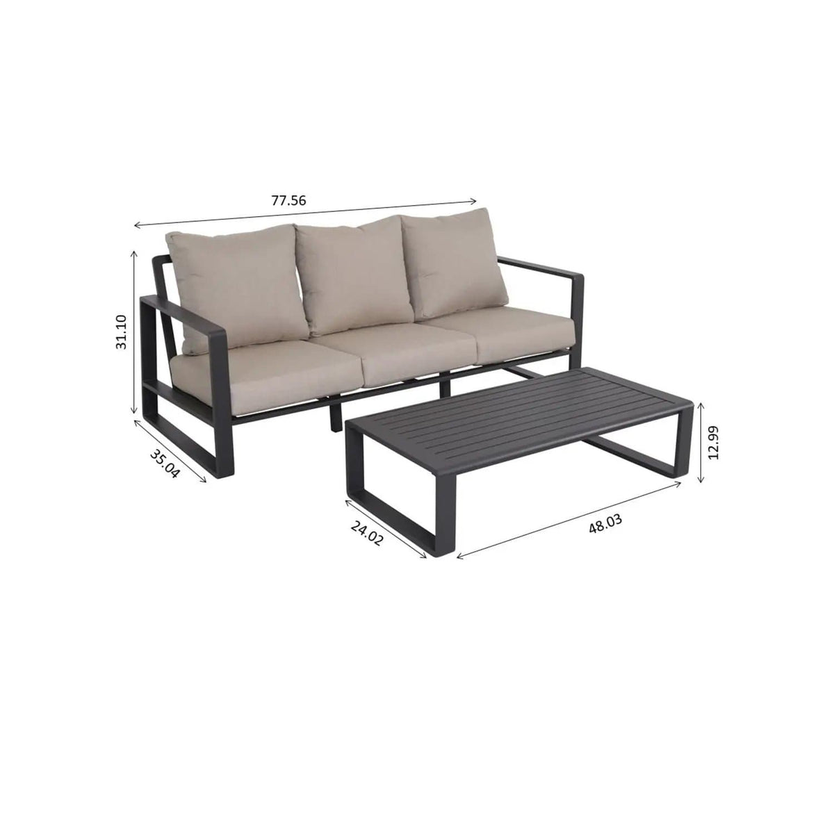 Durable Sofa With Rectangular Coffee Table 2 Piece Outdoor Set | 2 Pieces | Aluminum | Living Room
