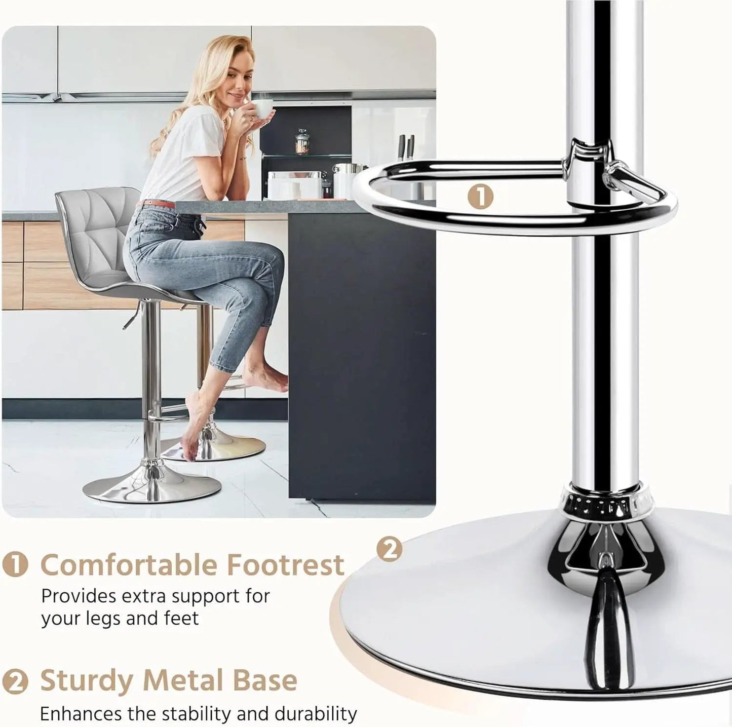 Bar Stools Set Of 2 Adjustable Swivel PU Leather Light Grey from PriceLows™