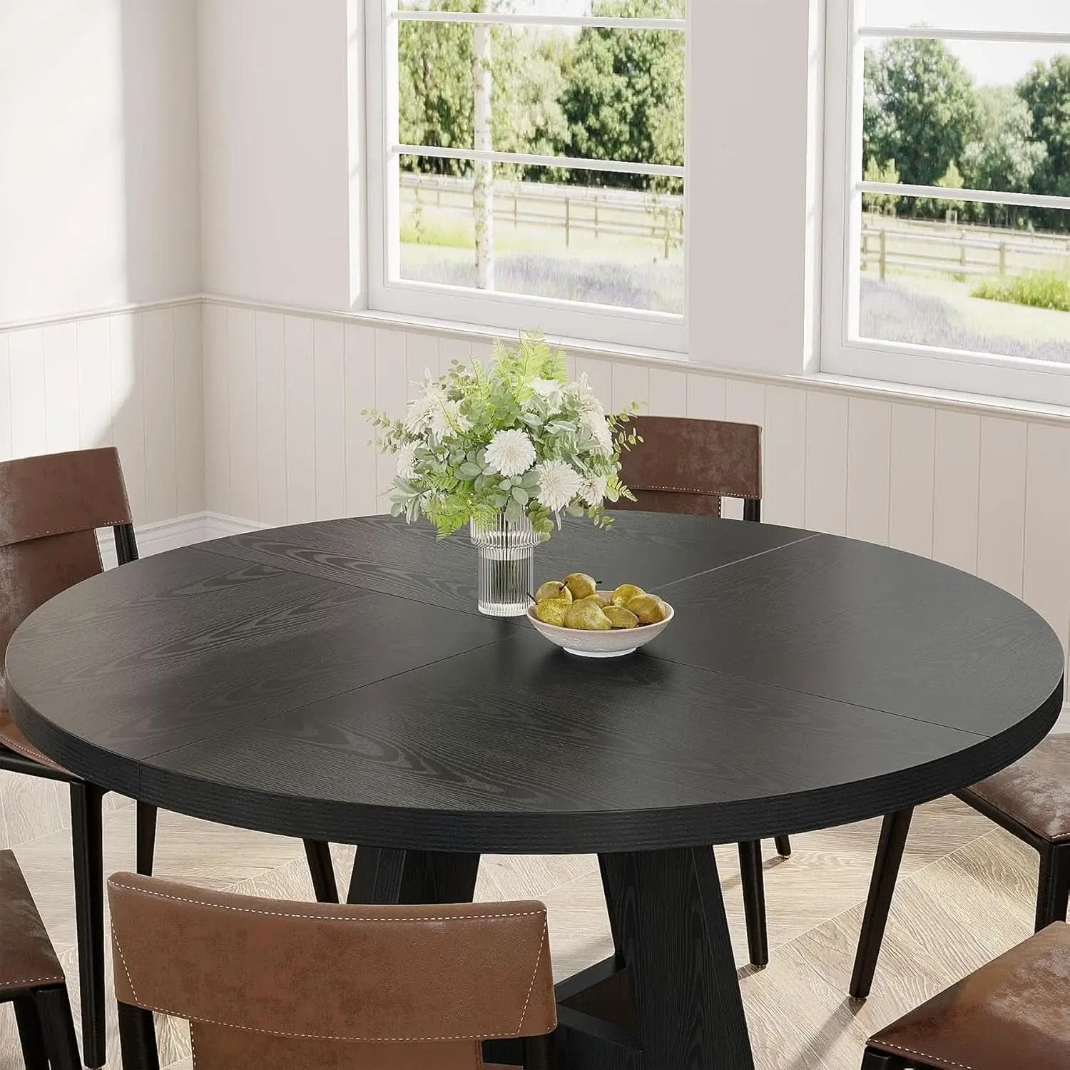 Round Wood Dining Table Farmhouse 47 Inch For Dining Room With Cross Base Black from PriceLows™