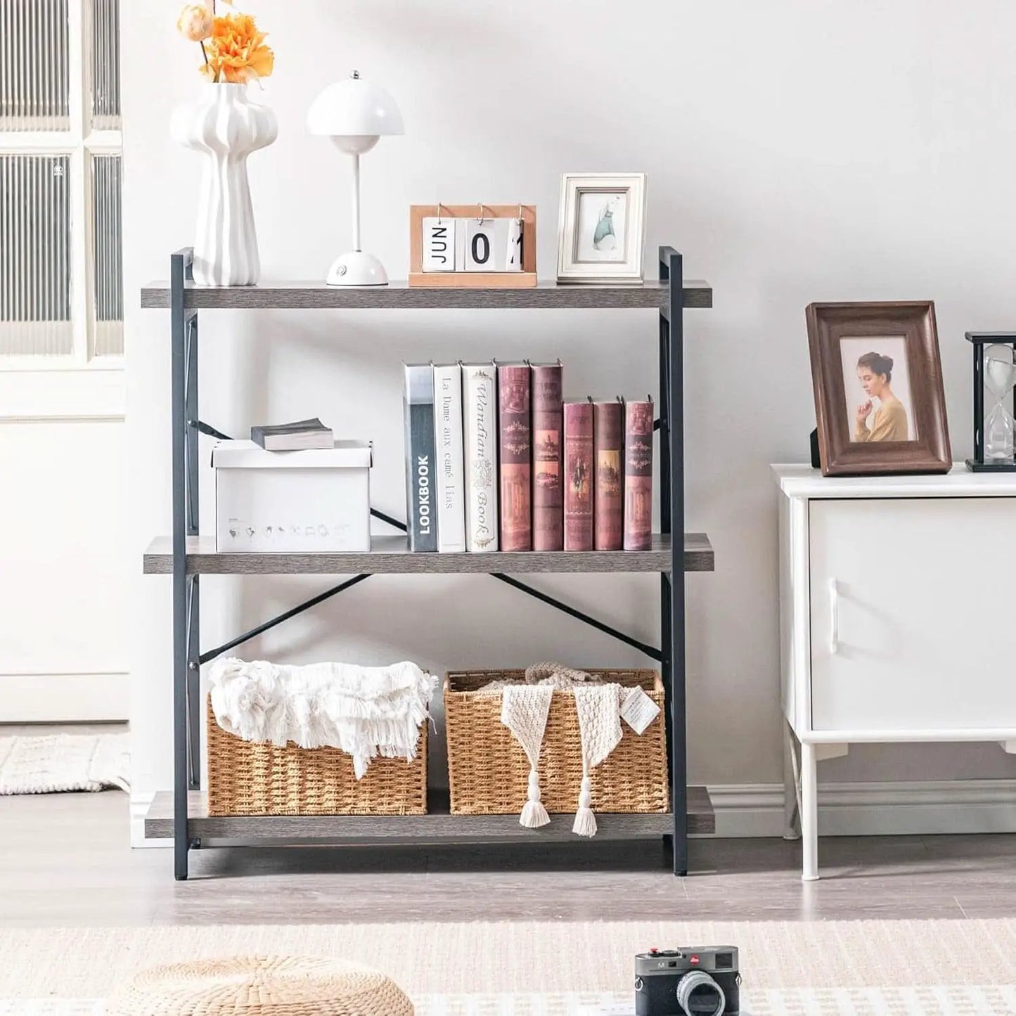 Three Tier Industrial Bookshelf With Rustic Open Metal Frame from PriceLows™