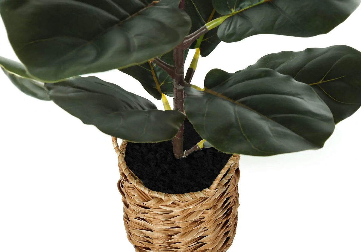 28 Inch Artificial Fiddle Tree | 18 Real Touch Leaves | 8 Inch Beige Pot | Indoor Faux Floor Plant