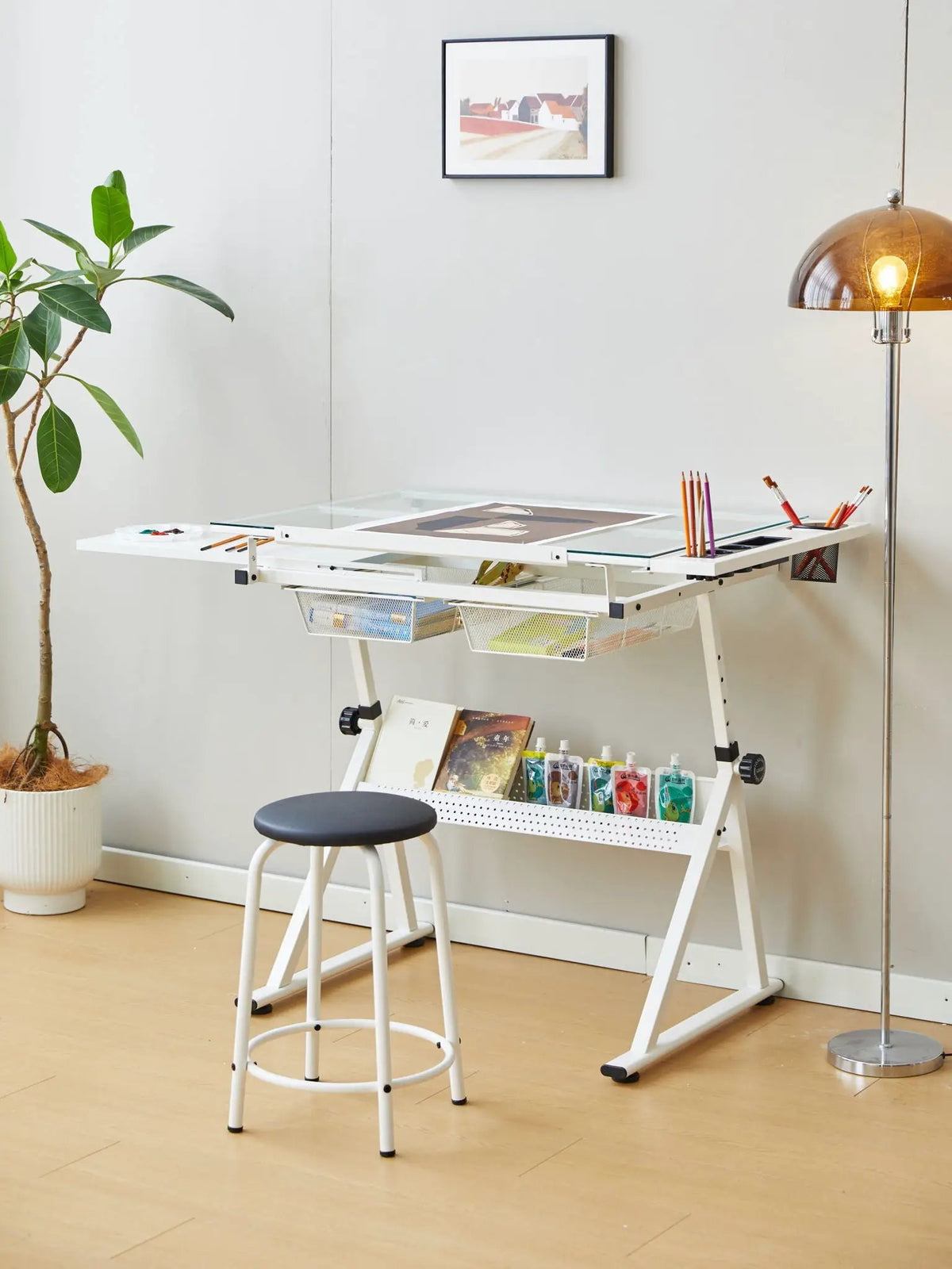 Tempered Glass Drafting Table | Adjustable Tilt 0 To 75 Degrees | Two Metal Drawers | Chair Included