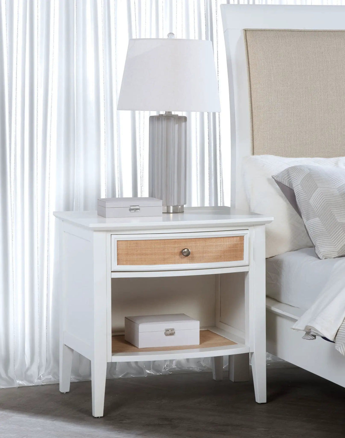 Bexhill 1-drawer Nightstand Bedside Table | 27 x 19.5 x 26.75 in | Rattan | White