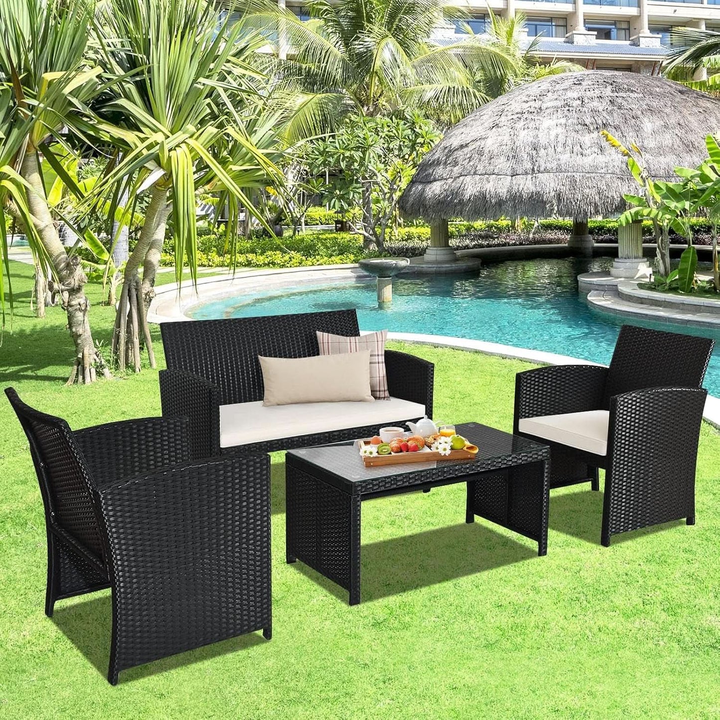 Rattan Outdoor Patio Furniture Set 4 Piece White Cushions from PriceLows™