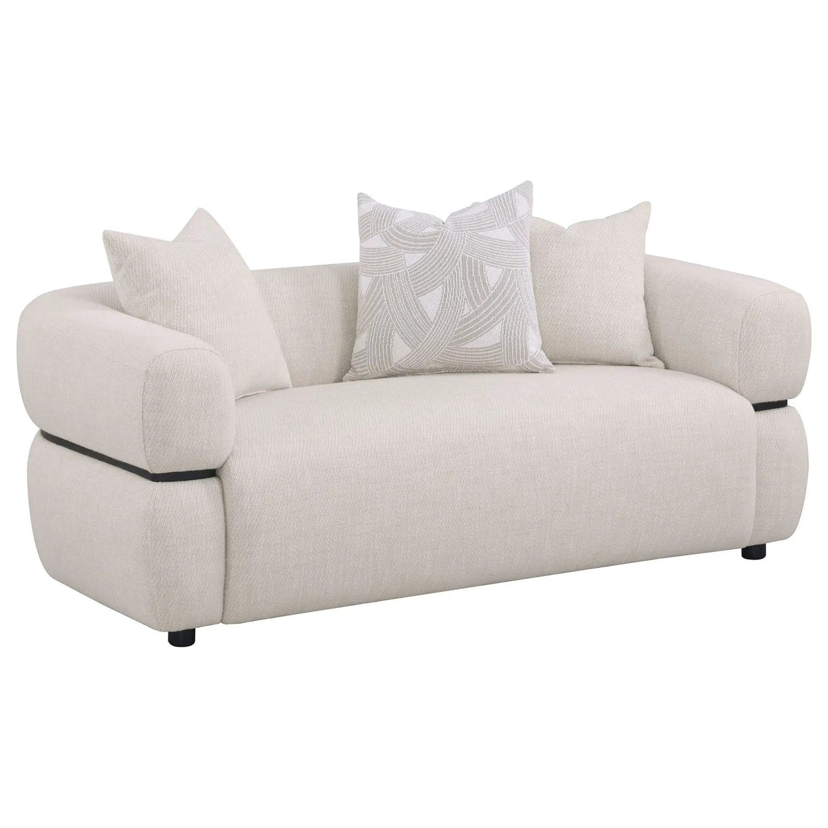 Jeanette 73-inch Fabric Upholstered Round Arm Loveseat | 72.75 x 37 x 28 in | Solid Wood & Fabric | Beige