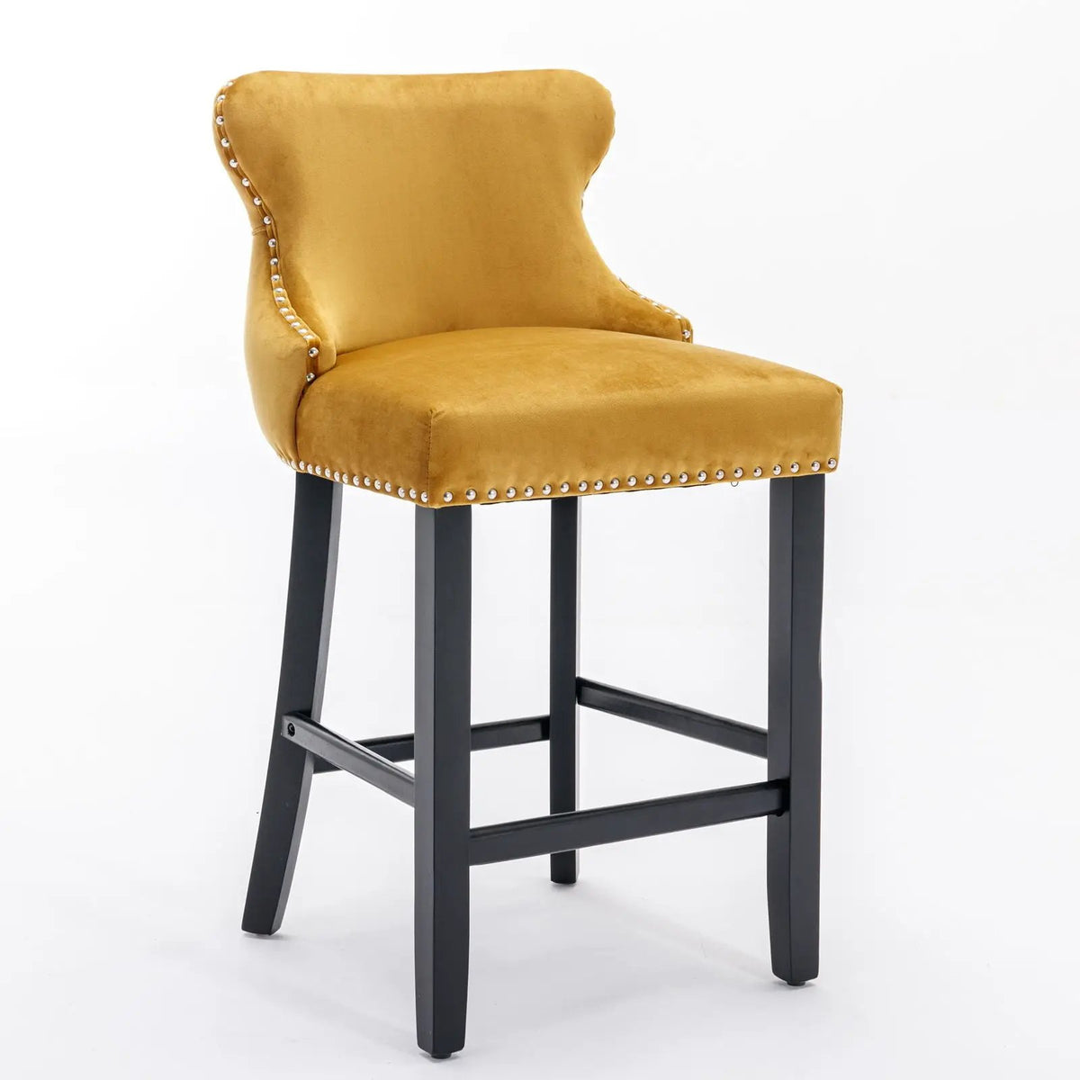 Wing-Back Barstools | Button Tufted Decoration | Wooden Legs With Nailhead Trim | Contemporary Upholstery