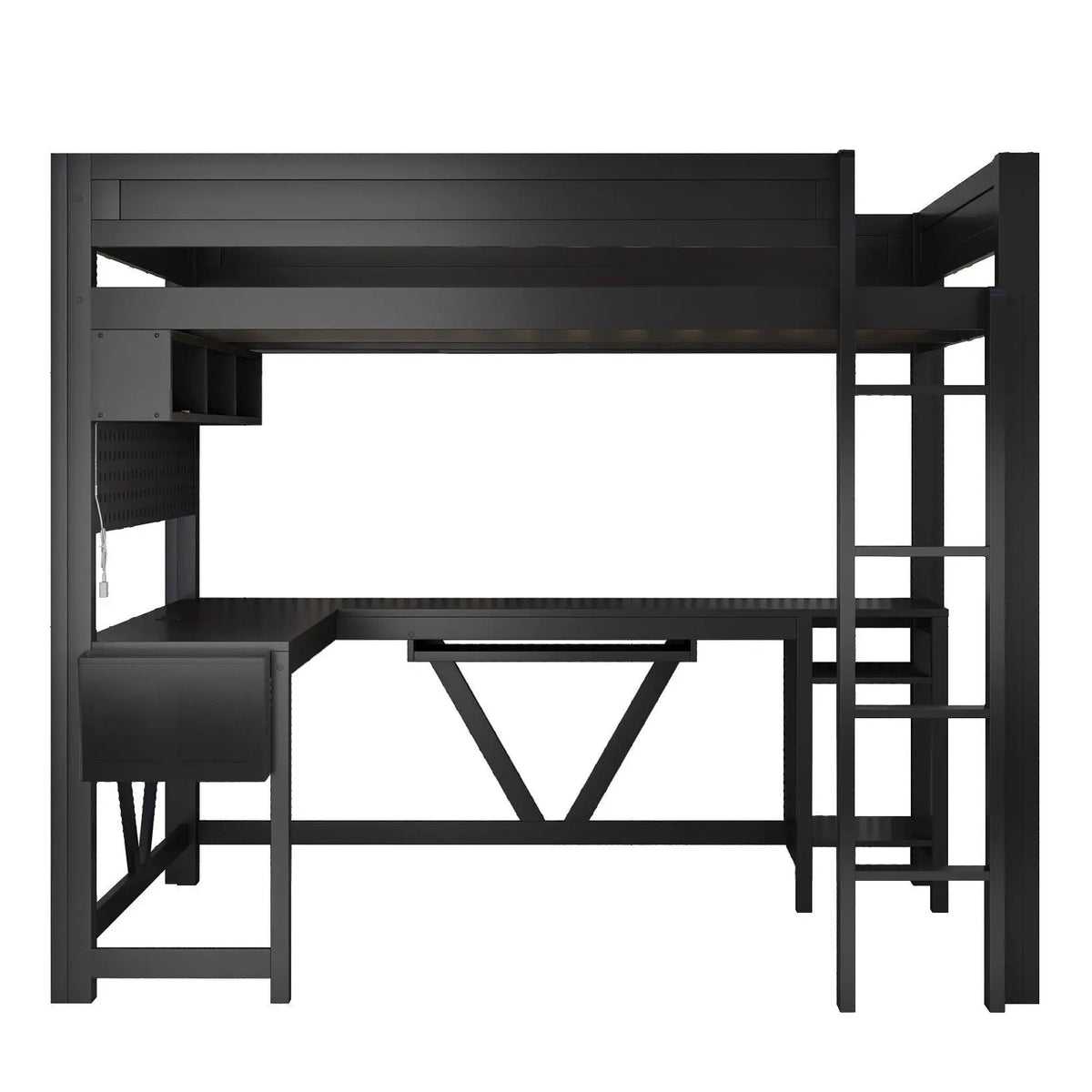 Gaming Loft Bed With Desk | Open Shelf And Fabric Storage Bag | Adjustable LED | Charging Station