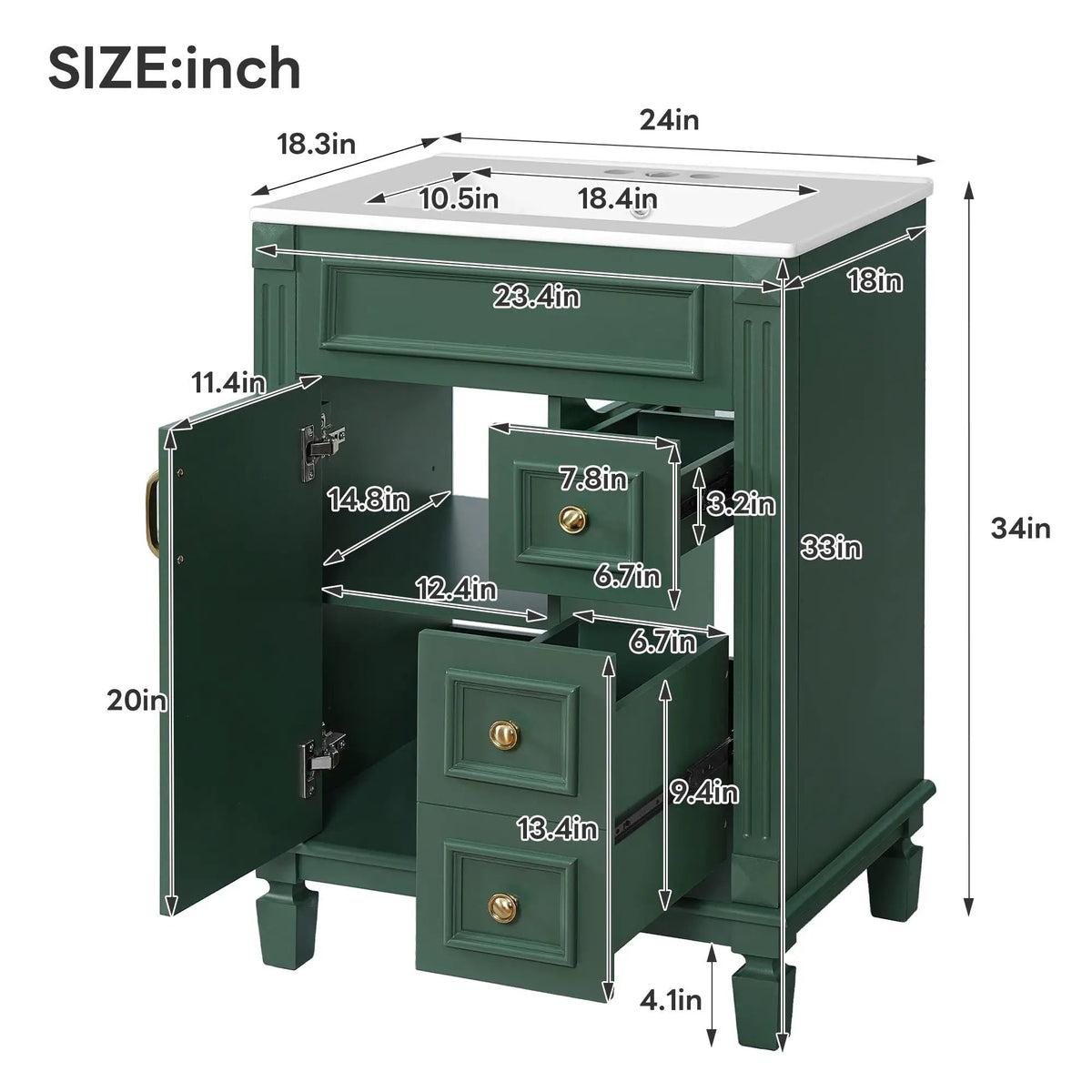 24 Inch Compact Bathroom Vanity | 2 Deep Drawers | Adjustable Shelf | Retro Button Handles