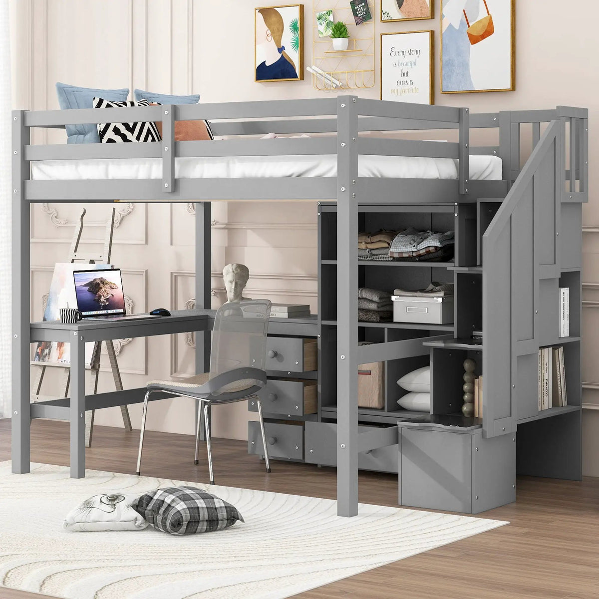 Loft Bed With L-Shaped Desk | Three Drawers | Cabinet | Storage Staircase