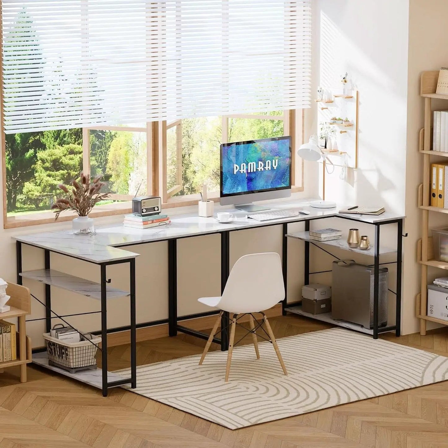43 Inch L Shaped Computer Desk White Marble Home Office from PriceLows™