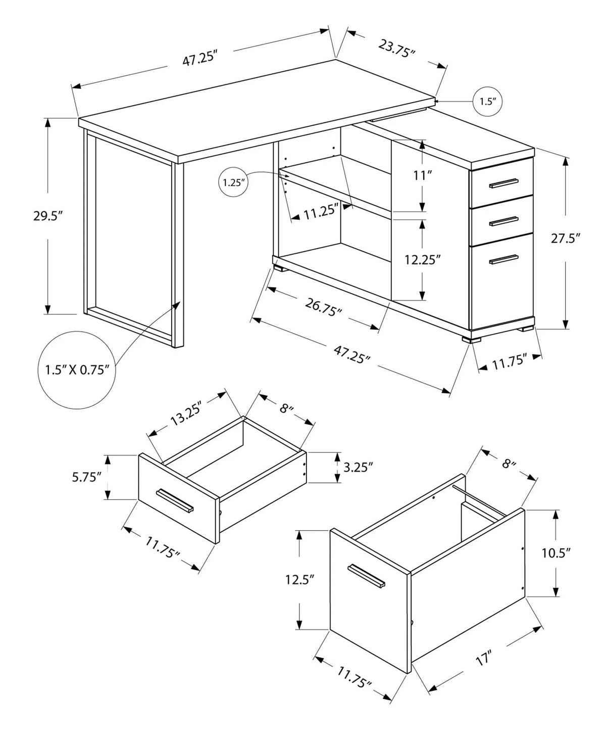 L-Shaped Computer Desk With Drawers | 47.25 Inch Width | Left Or Right Setup | Three Drawers