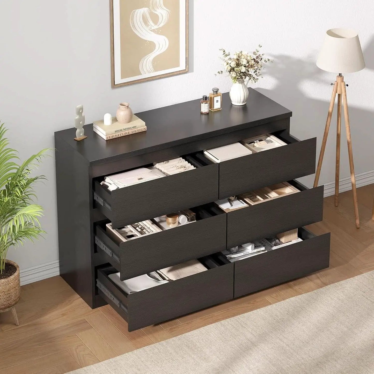 Black Six Drawers Solid Wood Dresser Sturdy Construction from PriceLows™