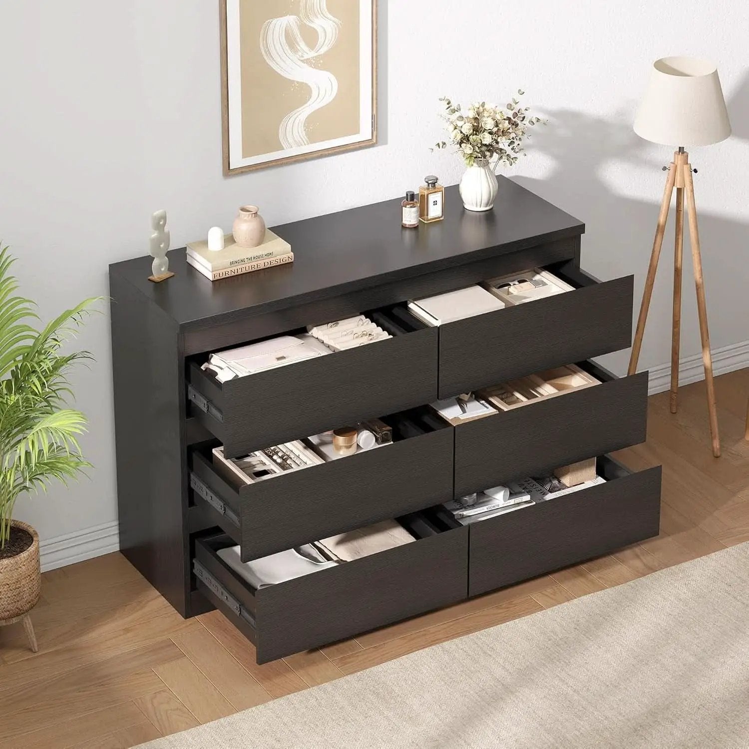 Black Six Drawers Solid Wood Dresser Sturdy Construction from PriceLows™