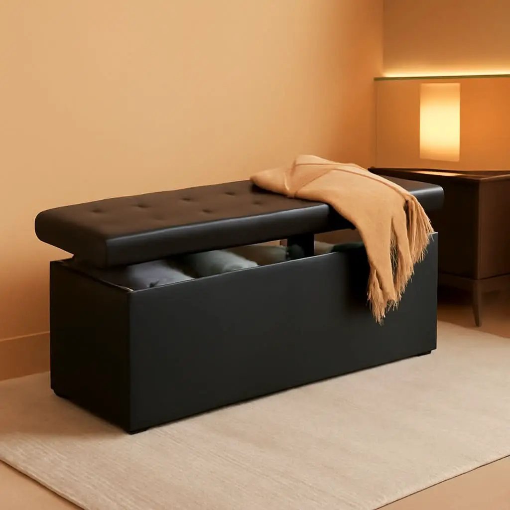 Memory Foam Folding Chest Ottoman Bench 45 Inch Black Faux Leather Storage from PriceLows™