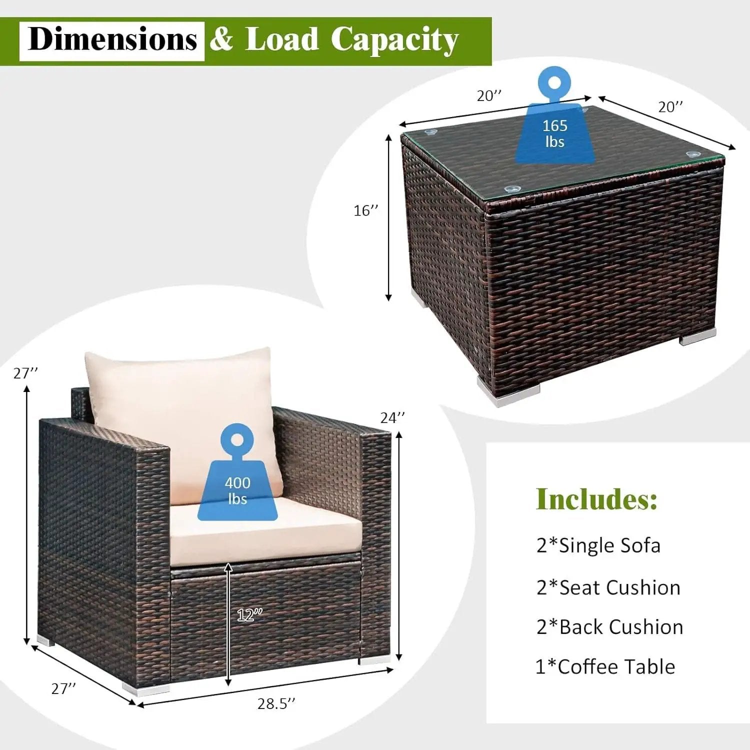3 Piece Outdoor Patio Furniture Set Rattan Wicker With Washable Cushions And Tempered Glass Tabletop from PriceLows™