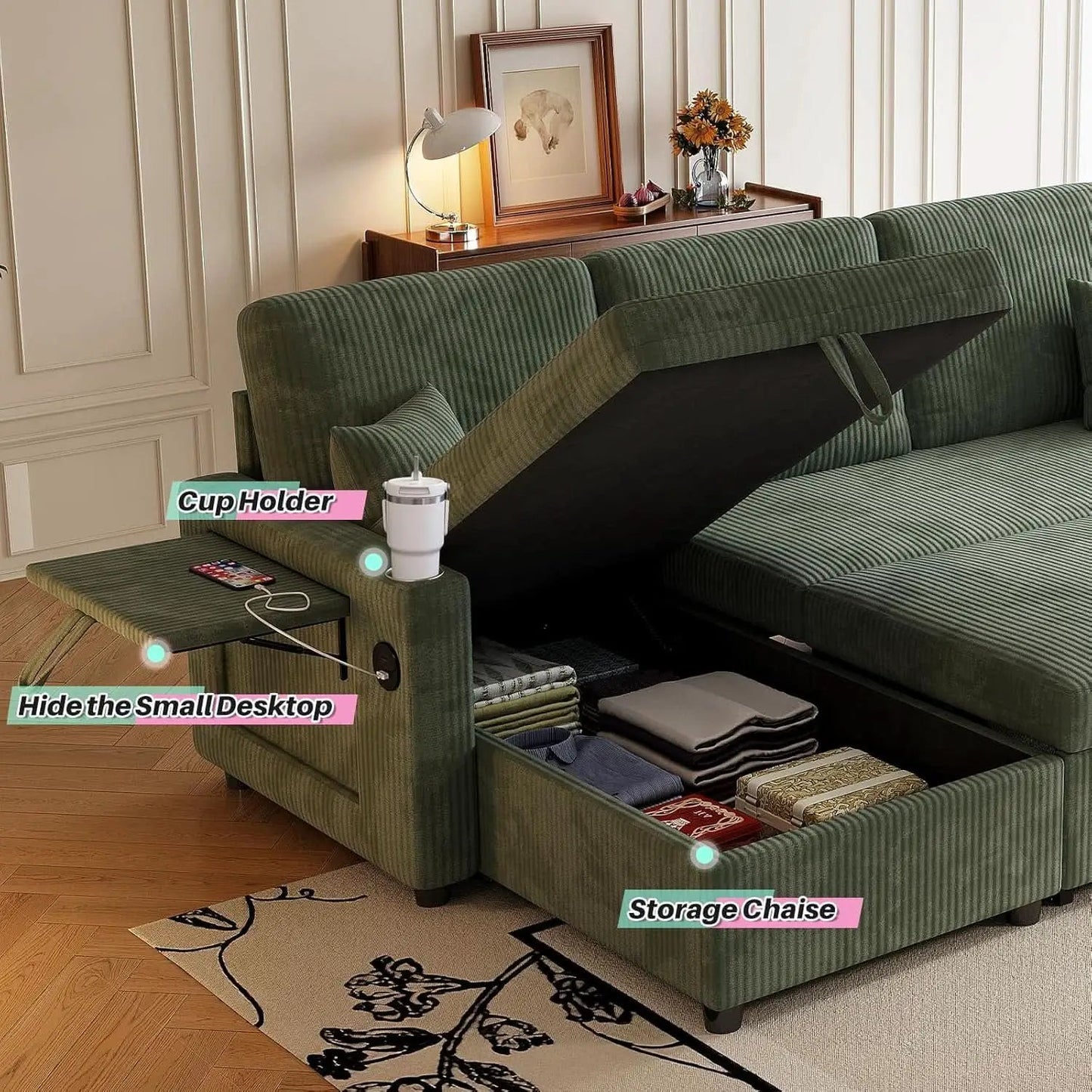 Luxurious Corduroy Green 83-Inch Sleeper Sectional Sofa from PriceLows™