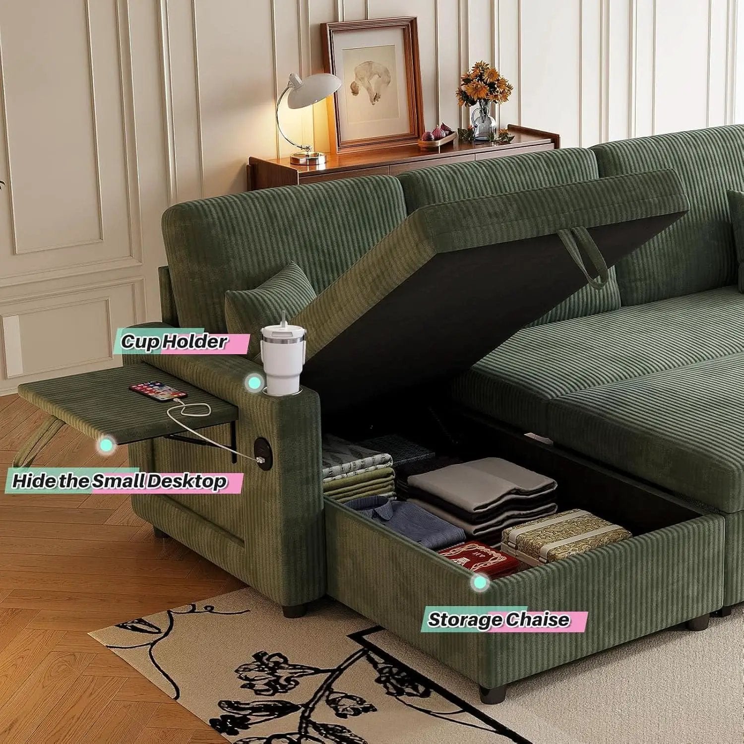 Luxurious Corduroy Green 83-Inch Sleeper Sectional Sofa from PriceLows™