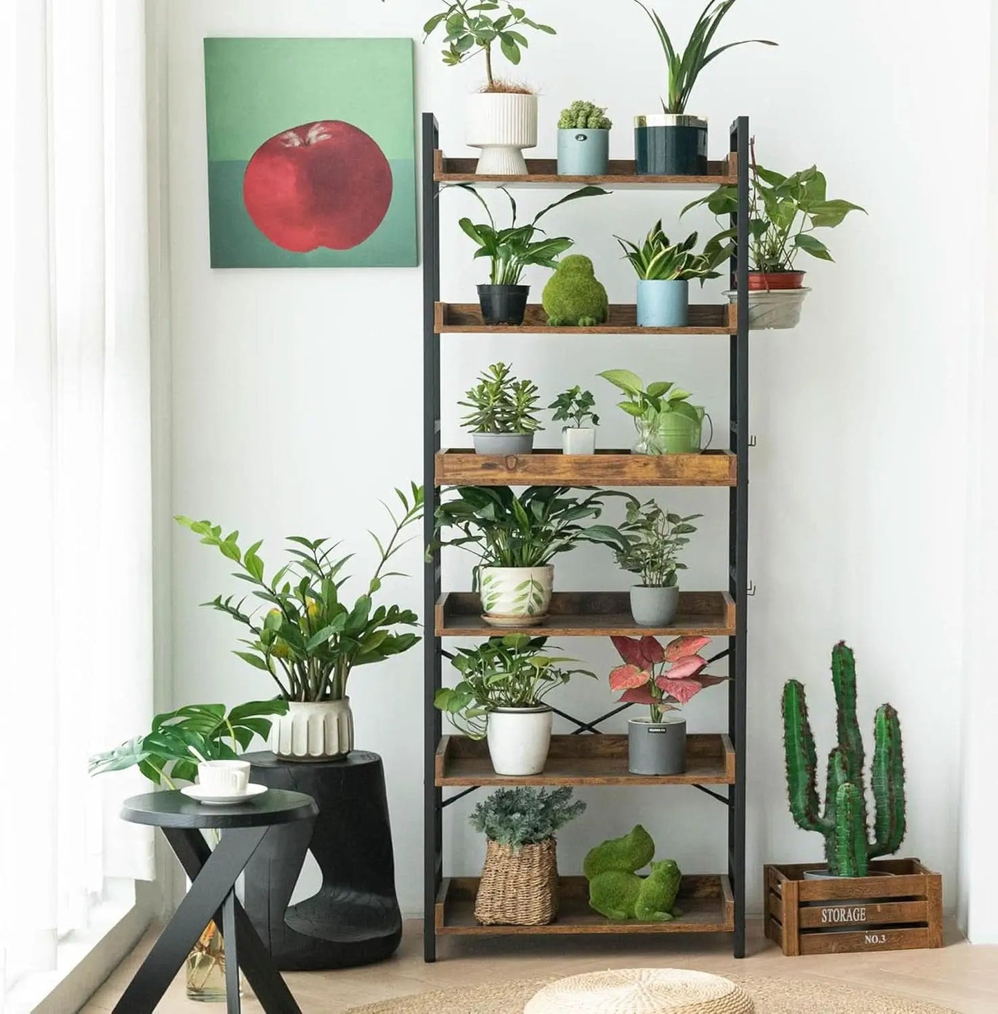 Adjustable Six Tier Industrial Wood Black Metal Bookcase from PriceLows™