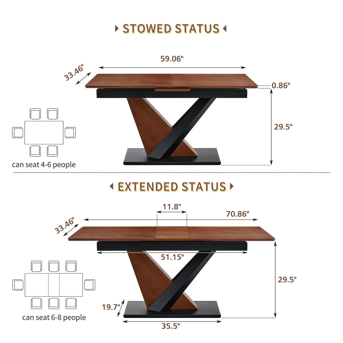 Dining Table, Scratch Resistant, Cross Geometric Legs For Kitchen & Dining Room Dark | 70.89 x 33.5 x 29.3 in | Walnut & Metal | Walnut