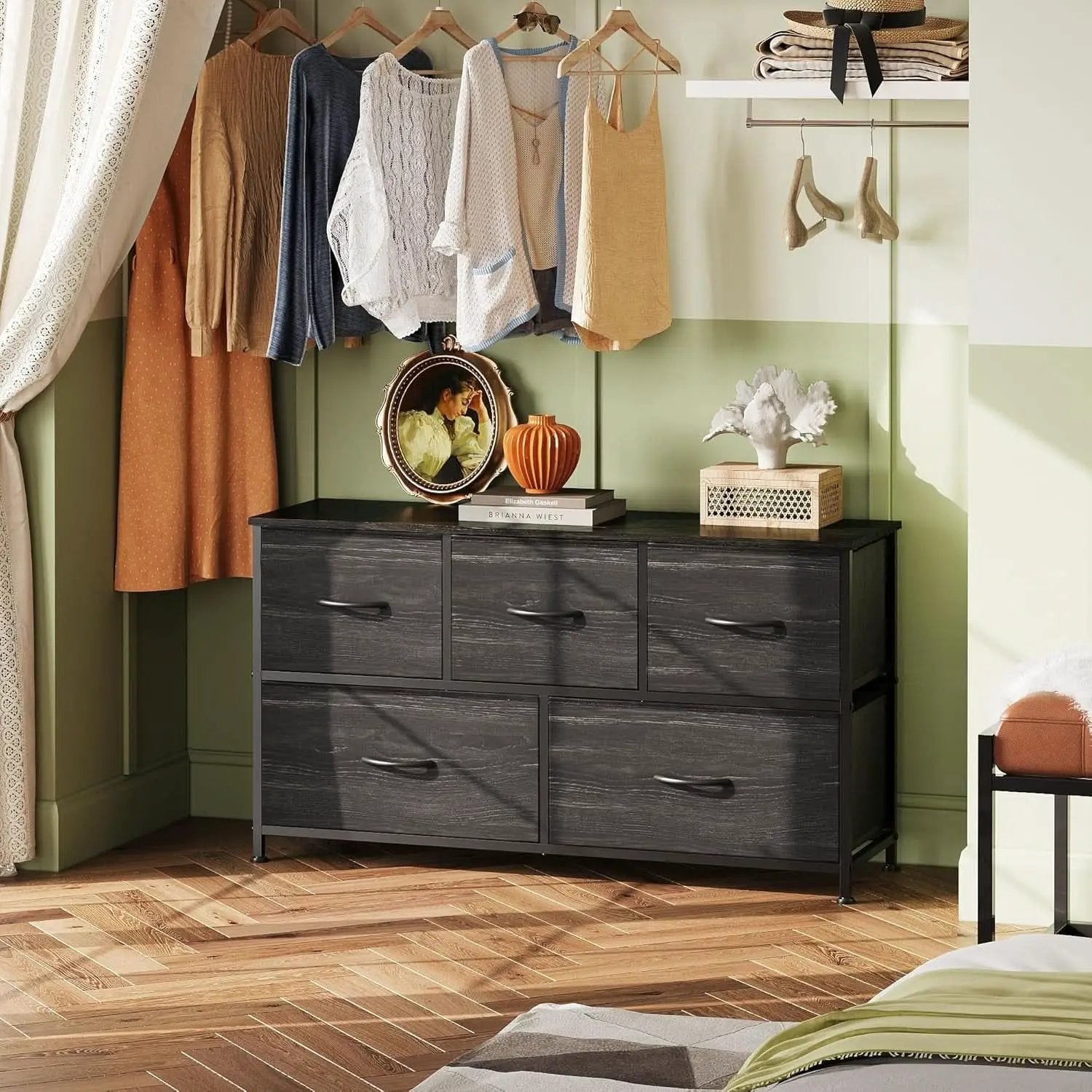 Charcoal Black Wood Grain Dresser With 5 Drawers And Fabric Bins from PriceLows™