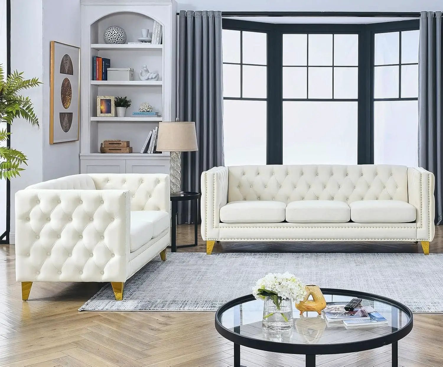 Velvet Beige 80-Inch Sofa Set With 58-Inch Loveseat And Gold Nail Heads from PriceLows™