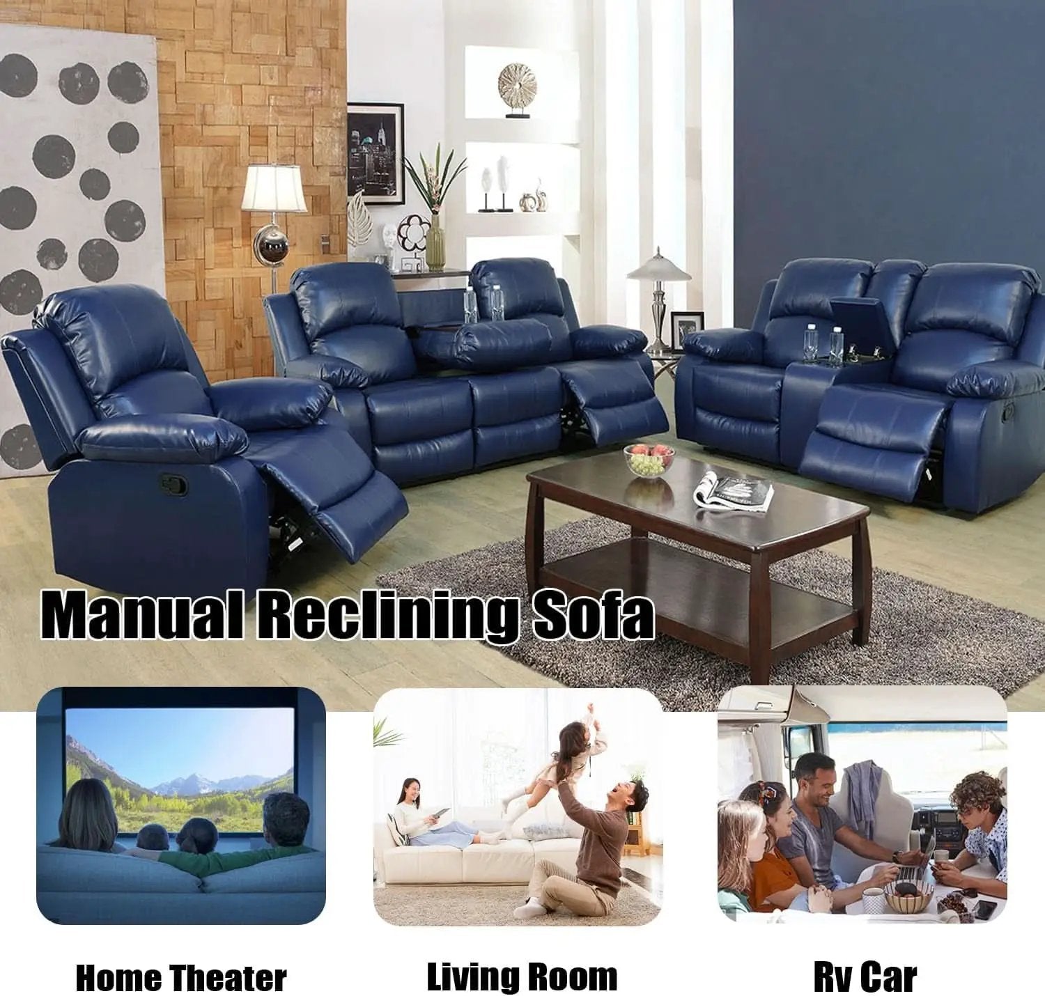Blue Leather Reclining Sofa Set With Drop Table And Storage from PriceLows™