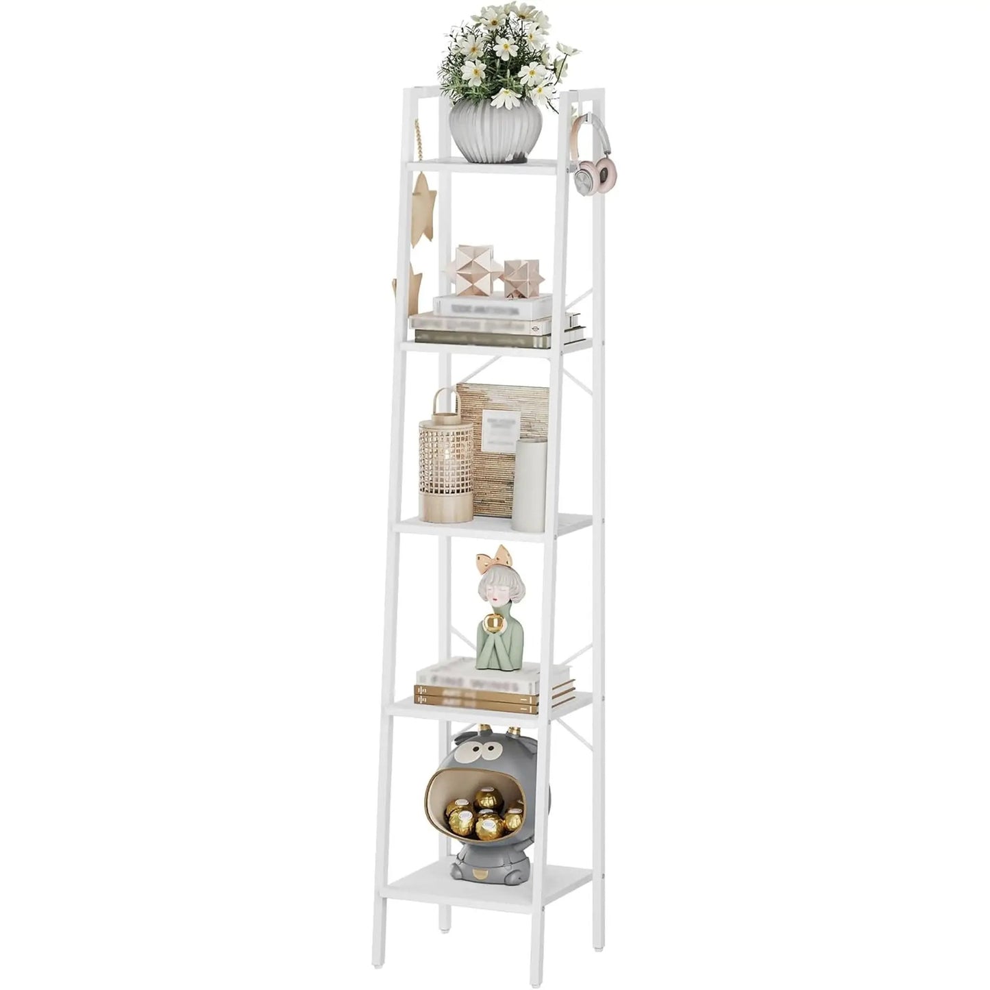 5 Tier White Ladder Shelf Bookcase With Two Hooks For Corner from PriceLows™