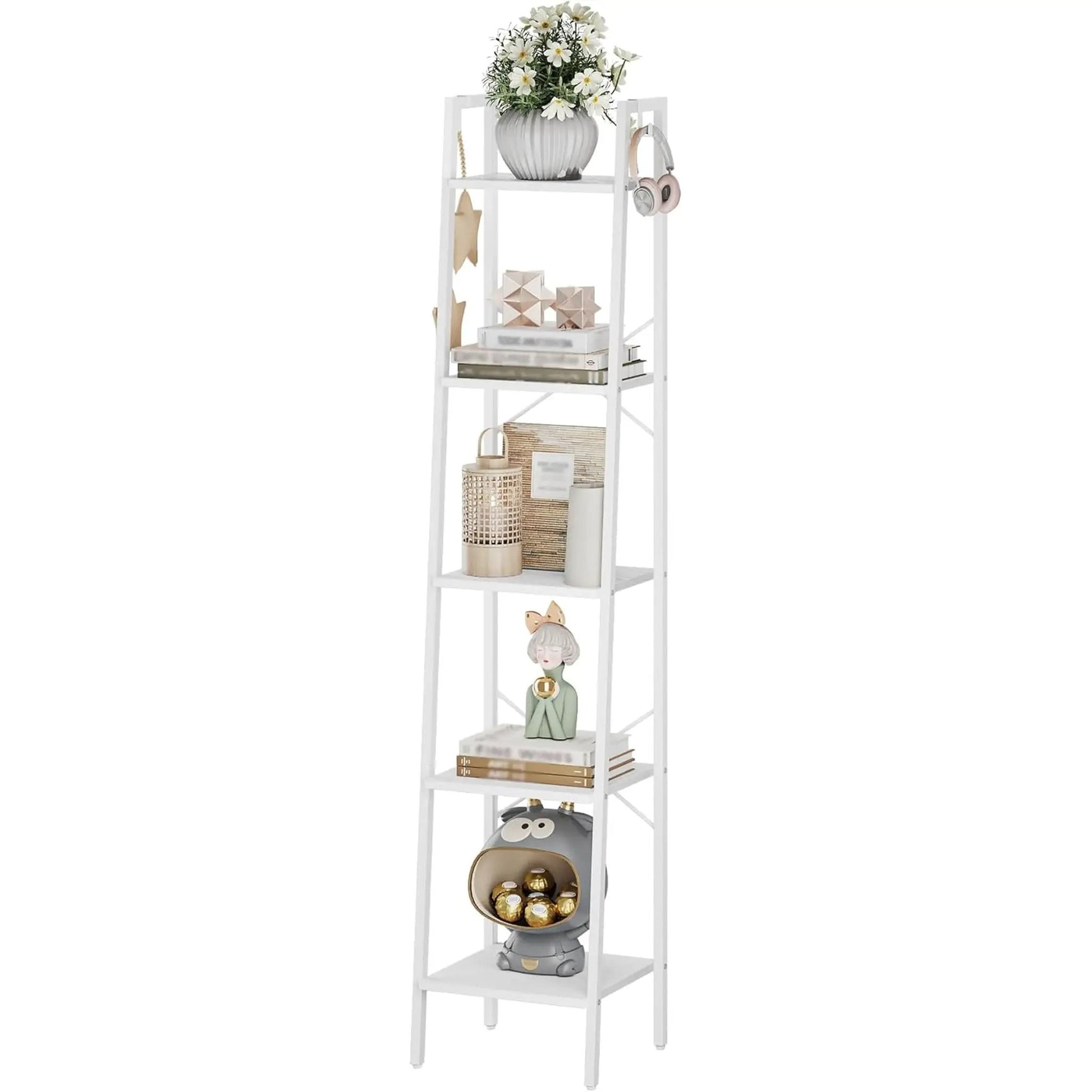 5 Tier White Ladder Shelf Bookcase With Two Hooks For Corner from PriceLows™