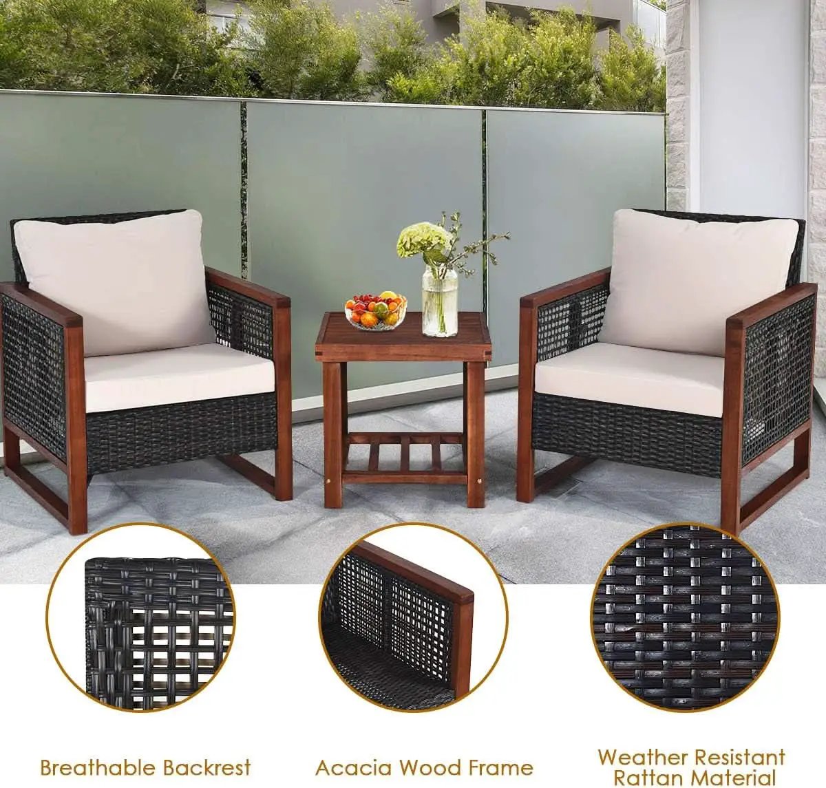 3 Piece Outdoor Patio Furniture Set With Wicker Chairs And Coffee Table Washable Cushions Acacia Wood Frame from PriceLows™