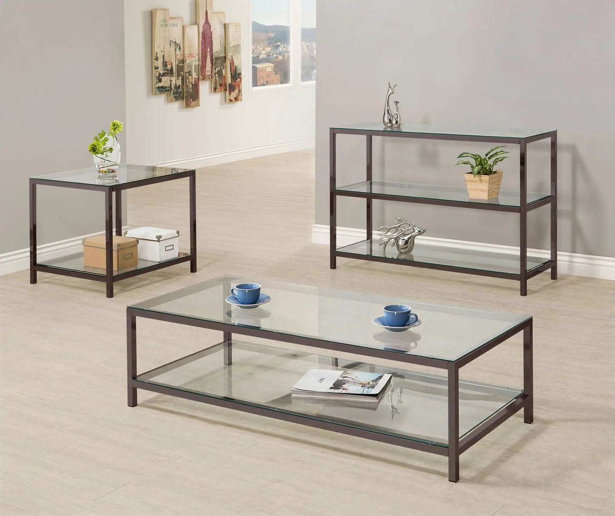Trini 1-shelf Glass Top Side End Table Black Nickel | 24 x 26 x 23 in | Tempered Glass & Steel | Living Room