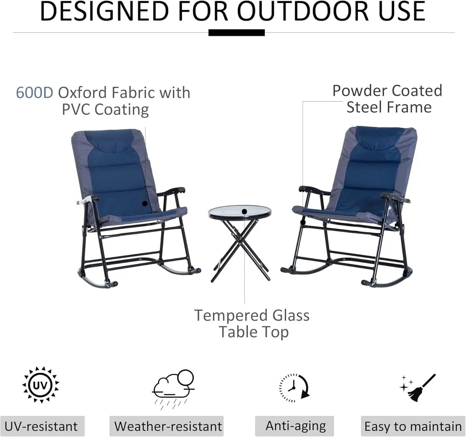 Three Piece Outdoor Patio Furniture Set With Glass Coffee Table And Two Folding Padded Rocking Chairs Navy Blue from PriceLows™