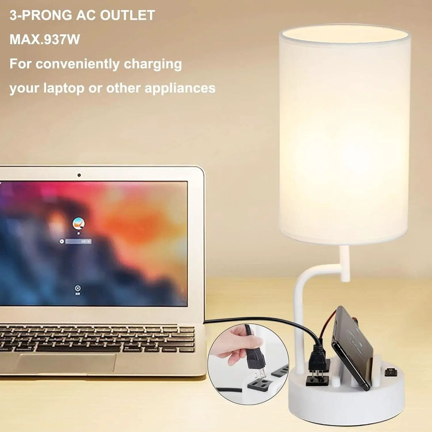 Table Lamp With 3 USB Ports White Finish For Home Office from PriceLows™
