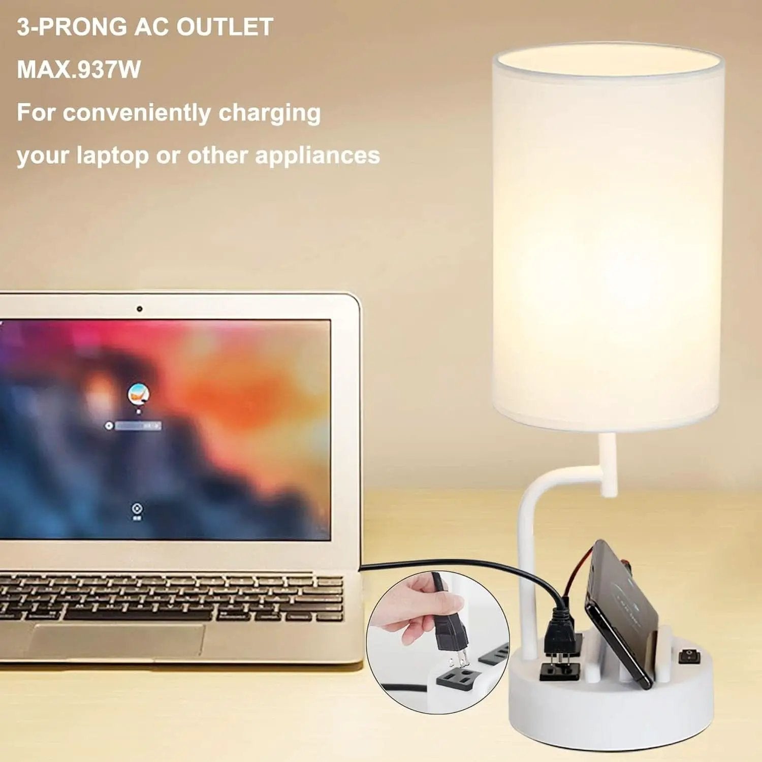 Table Lamp With 3 USB Ports White Finish For Home Office from PriceLows™