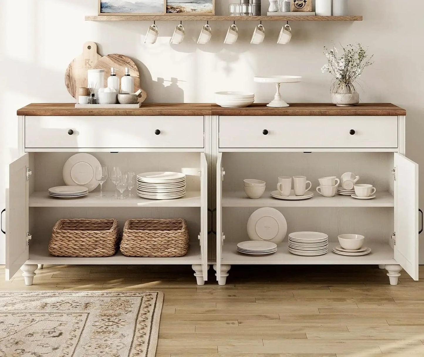 Farmhouse TV Stand For 75 Inch TV Off White 8 Doors from PriceLows™