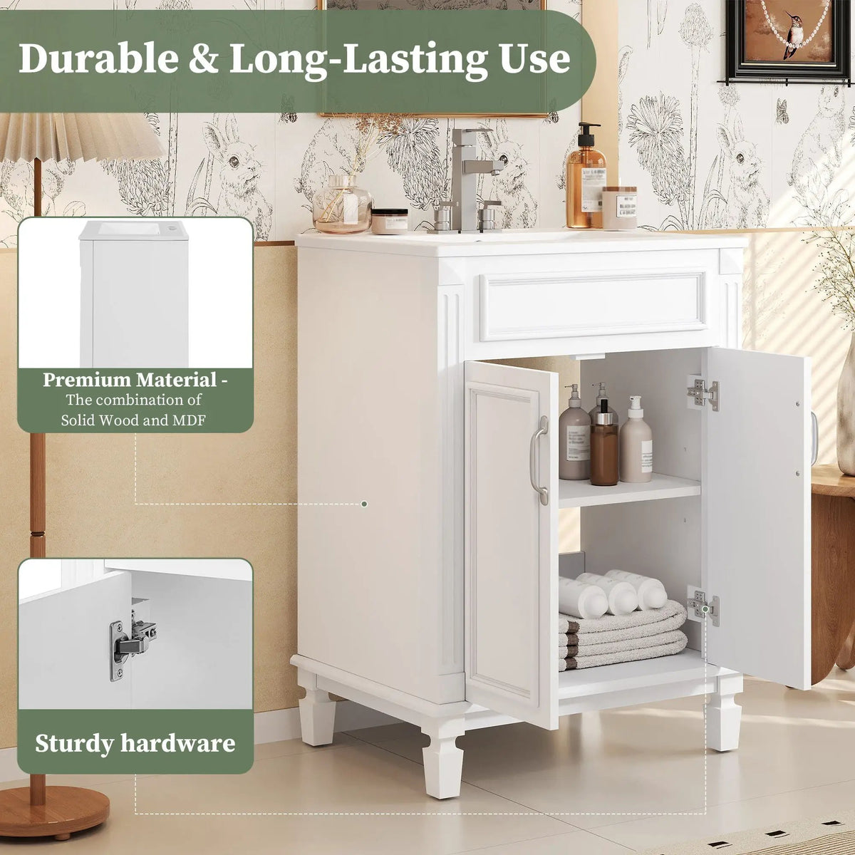 24 Inch Bathroom Vanity With Top Sink | Rubberwood Frame | 2 Soft Closing Doors | Glossy Ceramic Basin